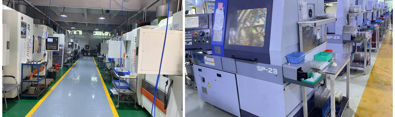 정밀 CNC 가공 공장의 스위스 선반 기계 정밀 CNC 가공 공장 현장: 고속 금속 절삭을 수행하는 스위스 선반 기계들